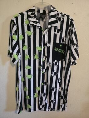 Beetlejuice Men's Button Up Shirt Medium Black White Stripe Green Beetles WB